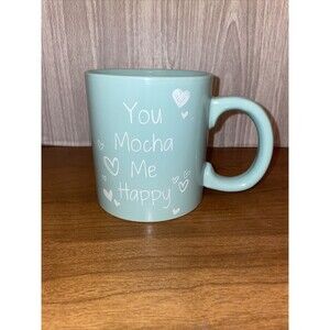 Novelty Coffee Mug You Mocha Me Happy 16 Ounces Blue White Hearts Preowned China